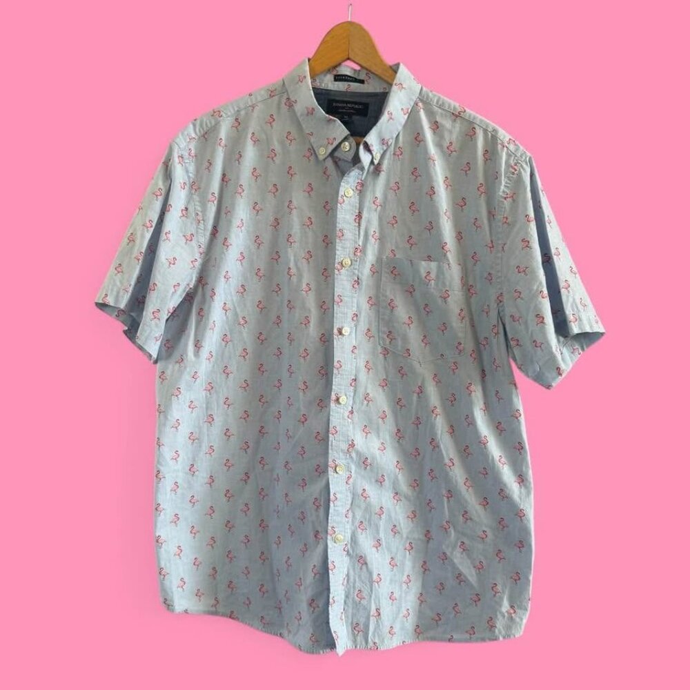Banana Republic Men's‎ Cotton Short Sleeve Casual Button Down Flamingo Shirt-XL